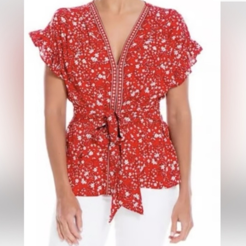 Max Studio Red Floral V-Neck Tie-Waist Blouse - Picture 2 of 15
